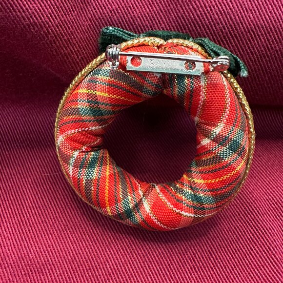 VTG Avon Christmas Plaid Wreath Brooch w/ Green Velvet Bow - Picture 7 of 8